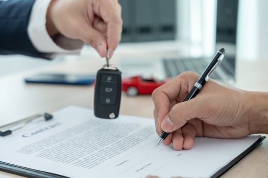 lease, rental car, sell, buy. Dealership send contract and car keys to new owner to sign. Sales, loan credit financial, rent vehicle, insurance, renting, Seller, dealer, installment, car care business photo