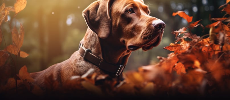 Dog in autumn leaves background photo