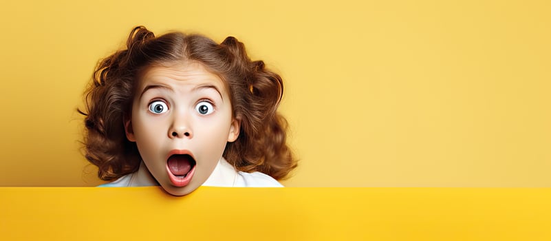 A girl presenting a product on a yellow background for a big sale isolated portrait with copy space photo