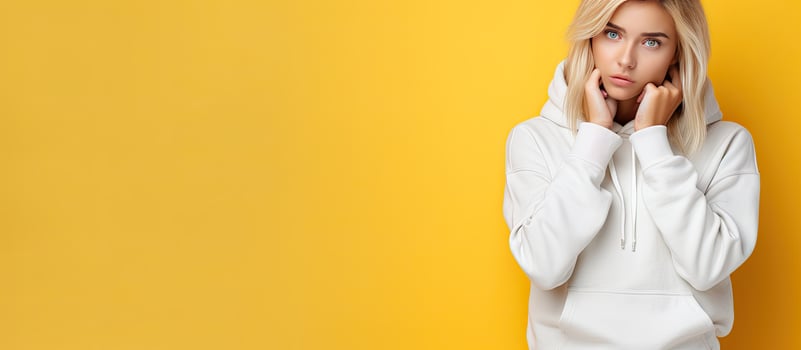 A pensive blonde woman in a white sweatshirt appearing sad looking towards empty space on a yellow studio backdrop photo