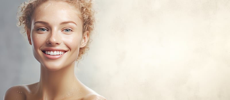 Young white woman in mirror pigmentation day text digital composite skincare concept photo