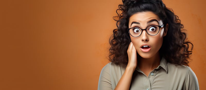 A nervous Hispanic woman looks to the side with a startled expression focusing on an empty space photo
