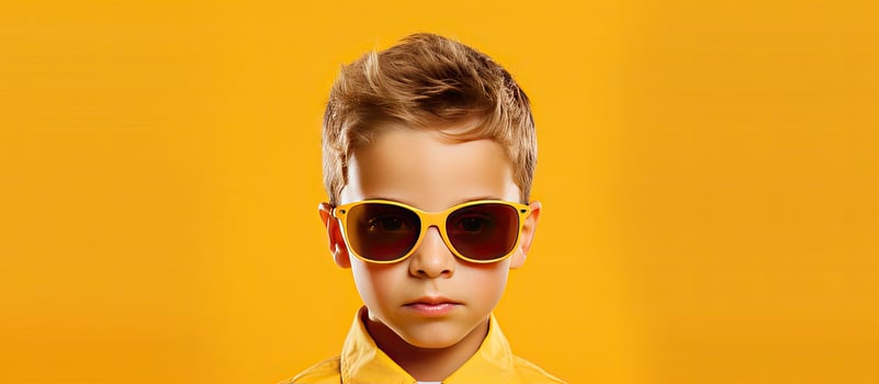 Caucasian boy with sunglasses on yellow background representing awareness and protection photo