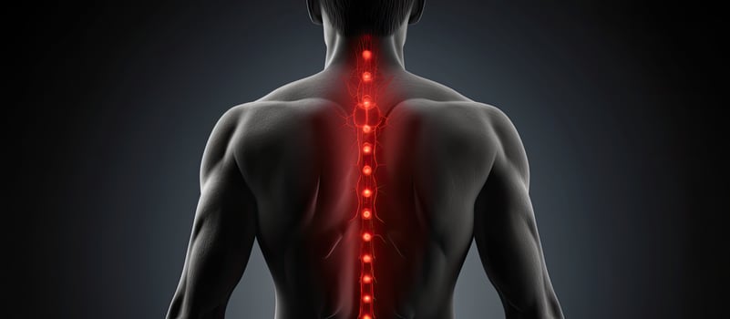Chronic back office syndrome and health care concept depicted in black and white photo with red spot on isolated white background