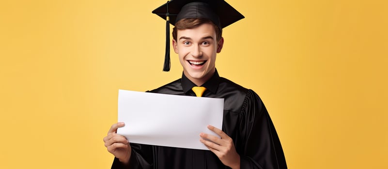 Focus on excited graduate young man holding blank poster on yellow studio background photo