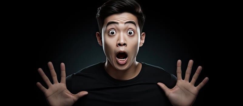 A surprised young Asian man in a black T shirt holding a blank space poses on a white background photo