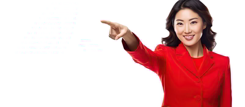 Asian woman in red outfit posing for Independence Day pointing to the side on white background photo