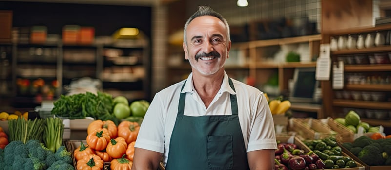 Latin man in an apron in a greengrocer s shop looking at the camera photo