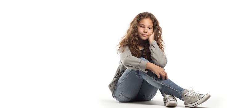 Dreamy teen girl reflects on possibilities in a white studio photo