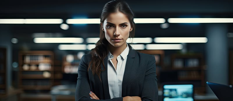 Resolute to succeed at all costs an attractive businesswoman stands alone in the office arms crossed during a late shift photo