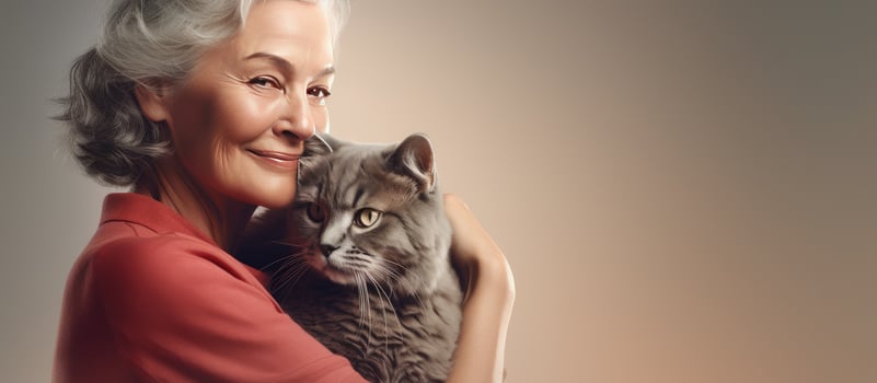 Caucasian senior woman with kitten promoting pet care and adoption photo