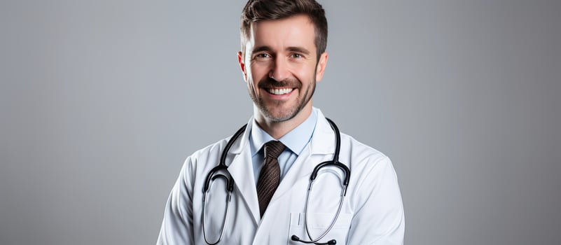 Smiling male doctor with good test results wearing a white coat and stethoscope looking into camera on isolated white background Copy space for health photo