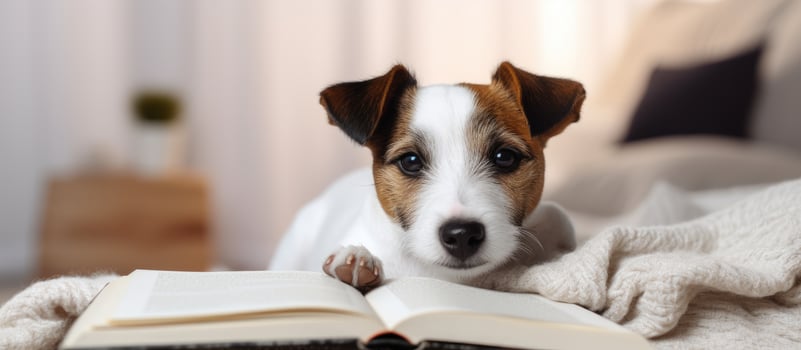 Woman and dog sitting on a couch at home reading a book photo