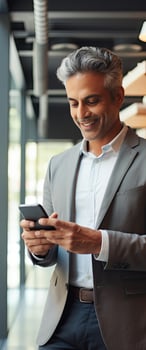 Smiling mature businessman holding smartphone in office using cell phone app for business solutions photo