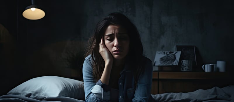 Unhappy woman experiences sleeplessness migraines and mental health issues at home photo