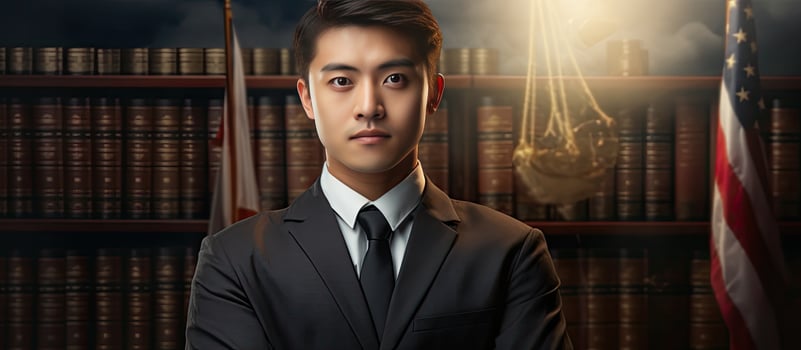 Composite image of a young Asian man with text for World Day for International Justice celebrating equality and human rights in law on July 17 photo