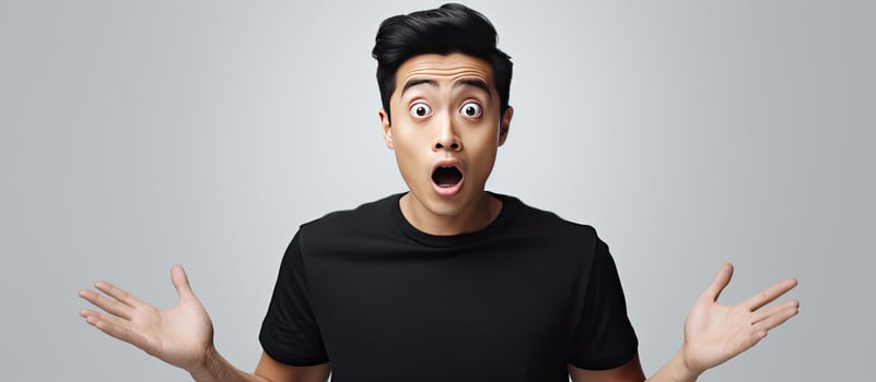 A surprised young Asian man in a black T shirt holding a blank space poses on a white background photo