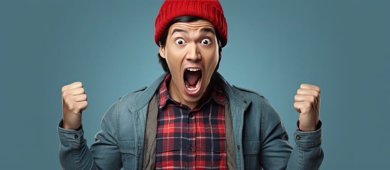 An enthusiastic Asian man showing empty copy space isolated on blue photo
