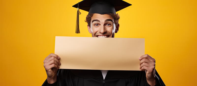 Focus on excited graduate young man holding blank poster on yellow studio background photo