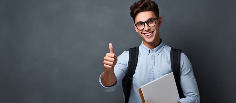 Happy student shows something on a blank background photo