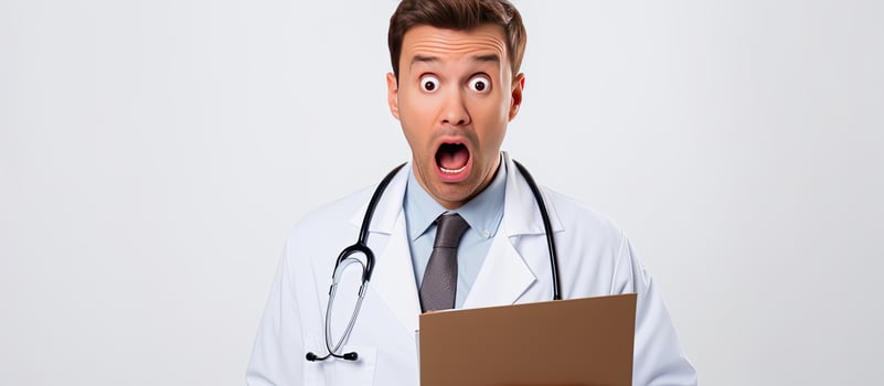 Unhappy man doctor with patient chart isolated background space for text health photo