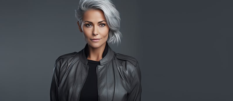 Gray haired middle aged woman in a fashionable jacket on a studio backdrop with room for text photo
