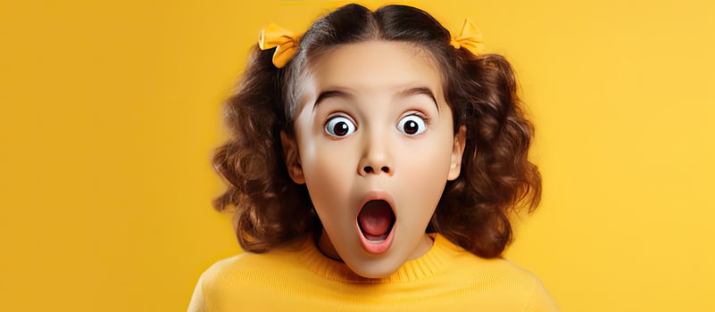 A girl presenting a product on a yellow background for a big sale isolated portrait with copy space photo