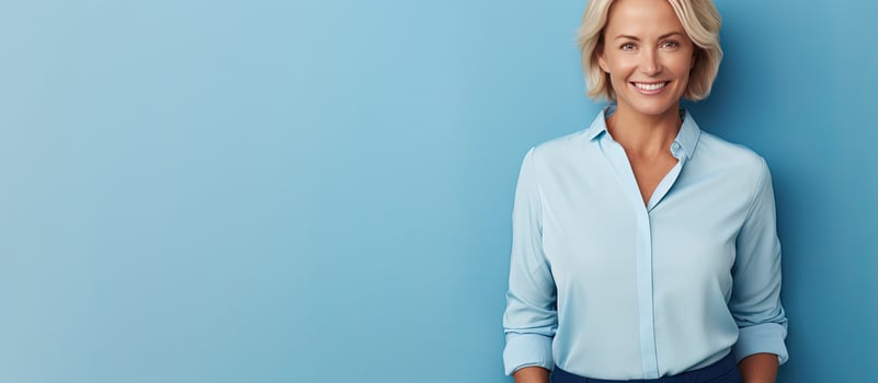 Confident blond woman in casual attire on blue background with room for text photo