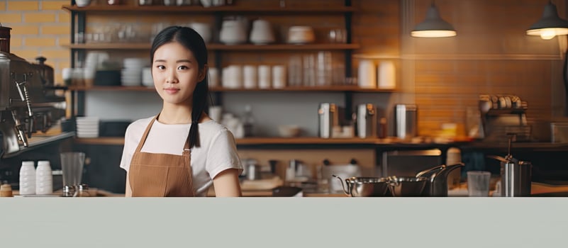 Asian girl in apron standing in cafe while barista points at empty banner photo