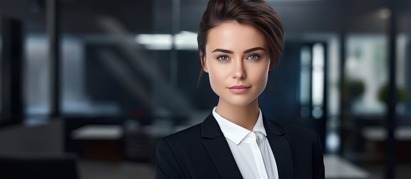 Modern business woman in office with copy space waist up photo