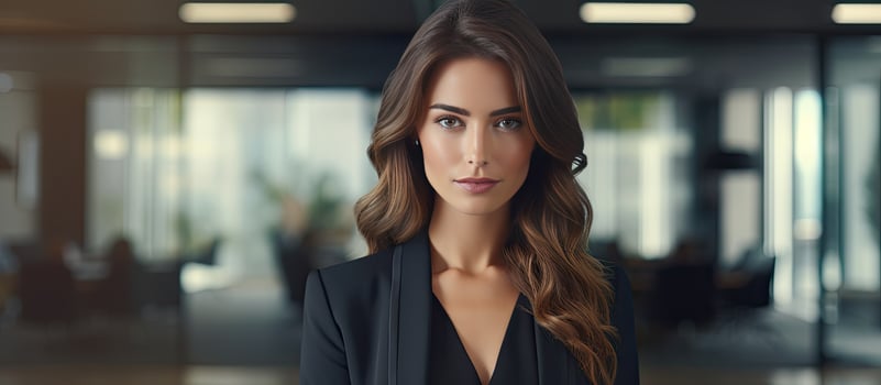 Modern business woman in office with copy space waist up photo