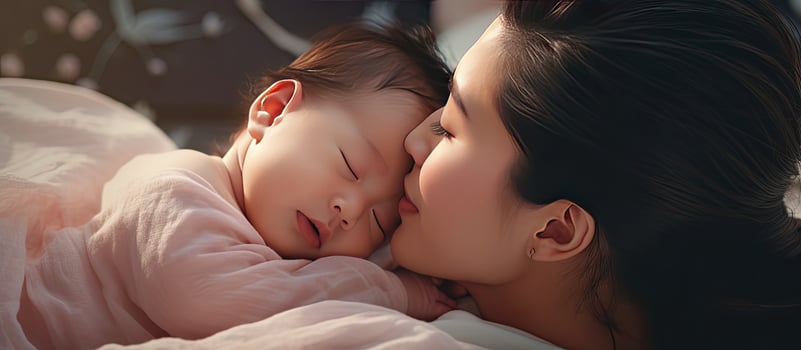Portrait of a young mother kissing her sleeping baby in bed with copy space photo