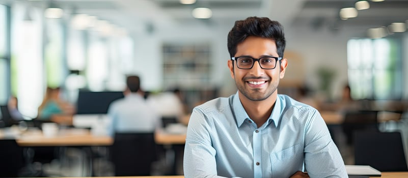 Confident Indian businessman smiling at camera in office copy space photo