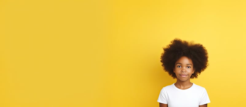 Black teenage girl in white shirt gazes at blank area on yellow backdrop Marketing and school related learning promotion way of life education photo