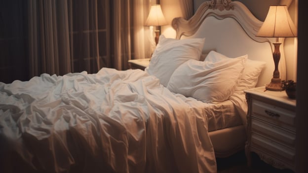 a bed with a white bed with a white pillow on it photo