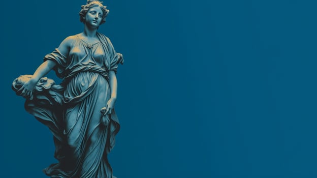 a blue background with a statue of a girl photo