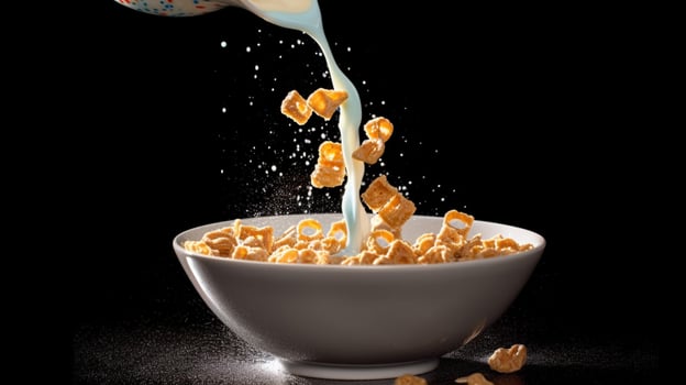 a bowl of cereal is being poured into a bowl with photo