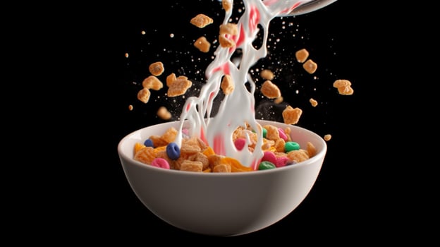 a bowl of cereal with milk and a splash of milk photo