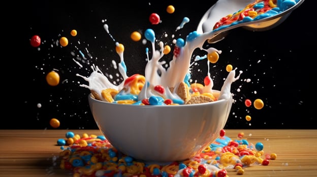 a bowl of cereal with milk and a splash of milk photo