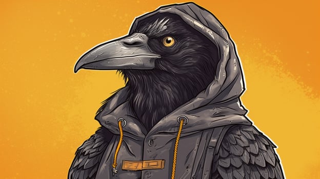 a cartoon of a crow wearing a jacket with the wor photo