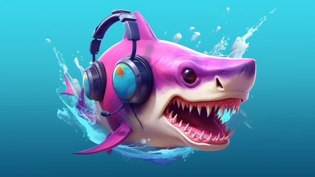 a cartoon shark with headphones and a pink headba photo