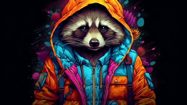 a colorful raccoon with a hat and jacket photo