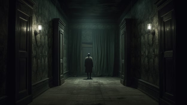 a dark hallway with a door and a person standing photo