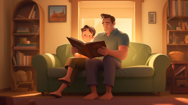 a father and son read a book together photo