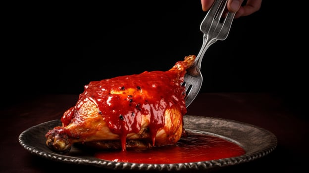 a fork is holding a chicken with a red sauce photo