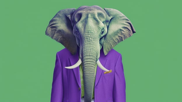 a green poster of an elephant with a purple shirt photo