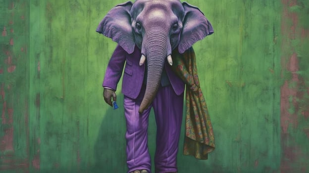 a green poster of an elephant with a purple shirt photo