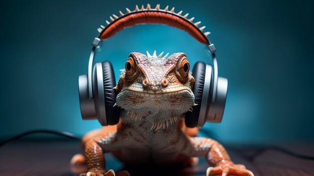 a lizard with headphones on his head photo