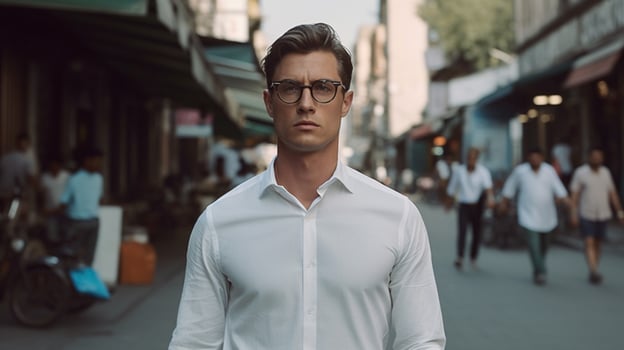 a man in a white shirt with glasses stands in a s photo