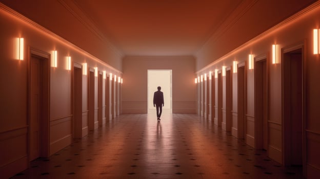 a man is walking in a hallway with lights on the photo
